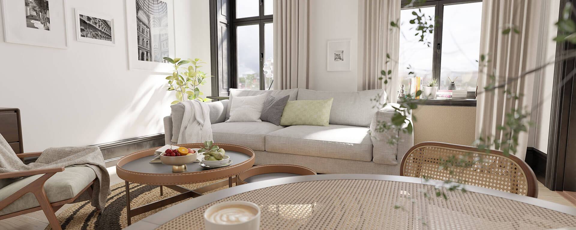 Living room with white sofa